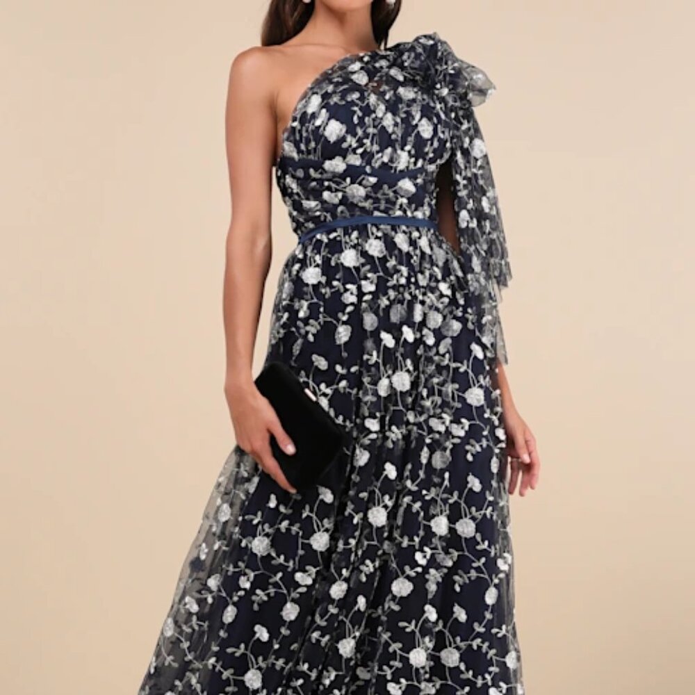 Lulu's Whimsical Allure Navy Mesh Embroidered One-Shoulder Maxi Dress
